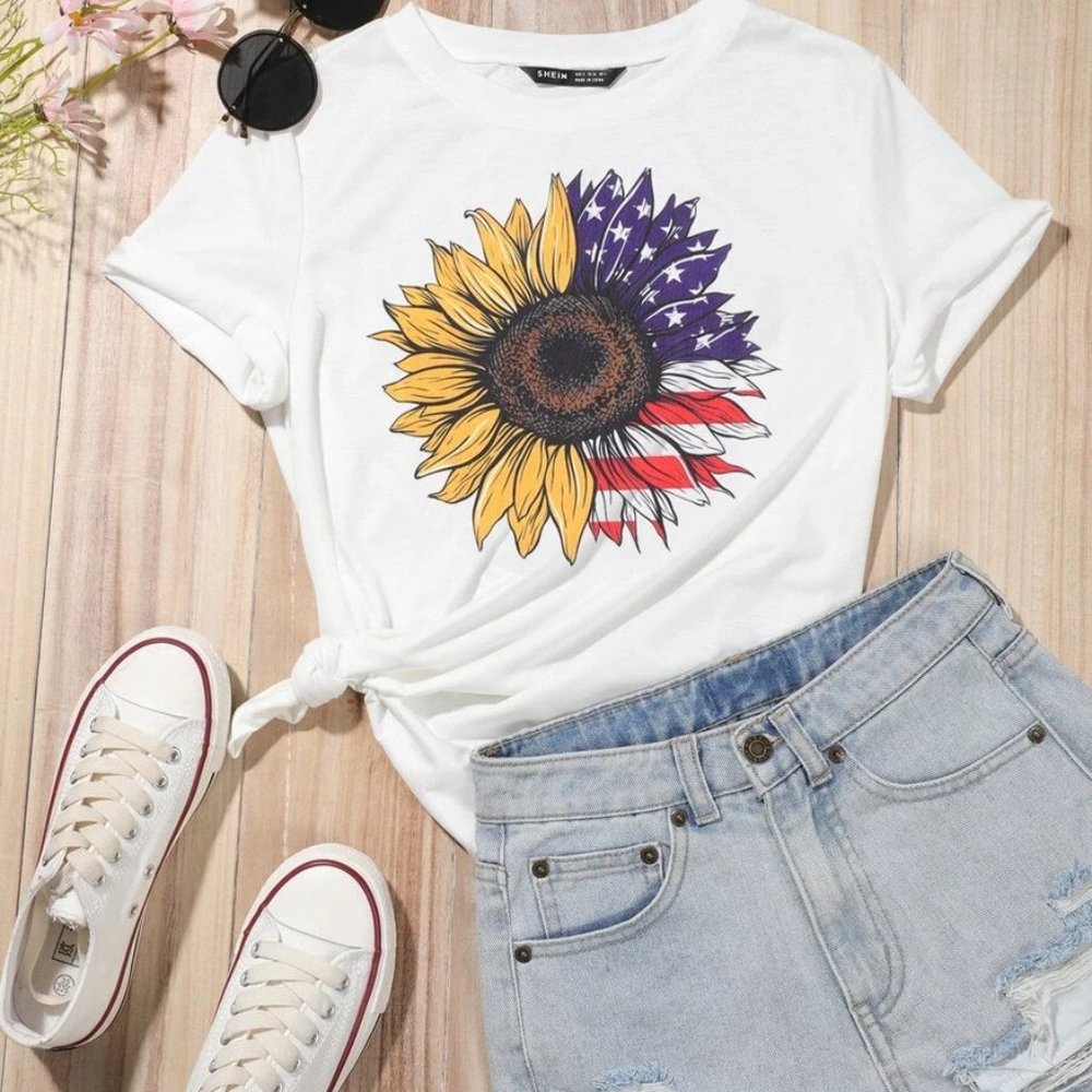 Shein Patriotic American Flag Sunflower Tee Shirt T-shirt